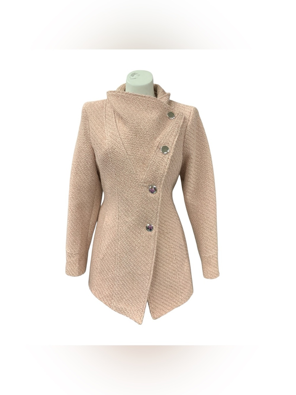 Guess Los Angeles Asymmetric Blush Trench Coat with Angled Button Front Size M